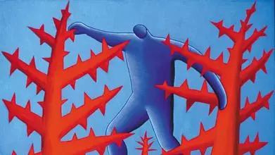 Painting titled "The pain of it all" by artist and cancer patient Michele Angelo Petrone. A blue figure stands trapped, caught between two red prickly cacti.